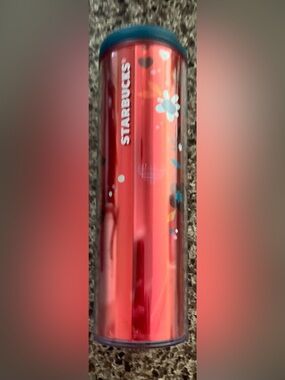 Starbucks Red Glossy Travel Tumbler with Floral Accents